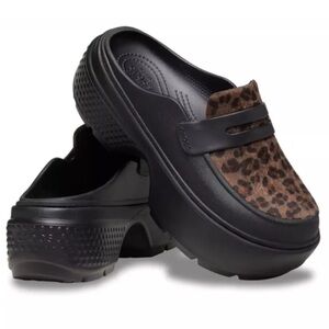 CROCS Stomp Leopard Loafer 210366 Black/Multi Animal Platform Size 8 RARE